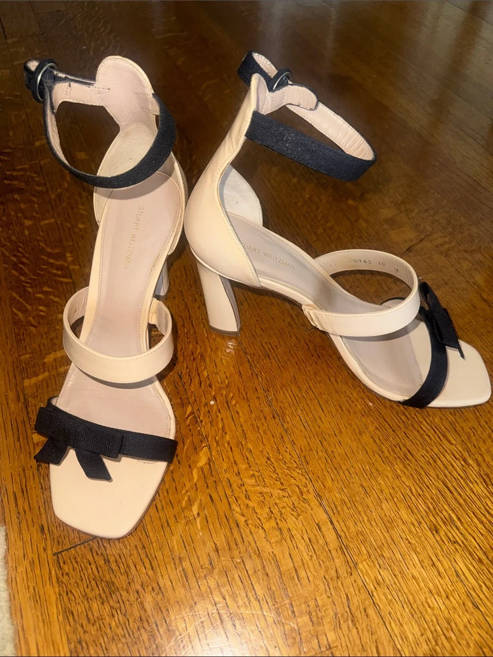 Stuart Weitzman Beige and Black Ankle-Strap Bow Sandals